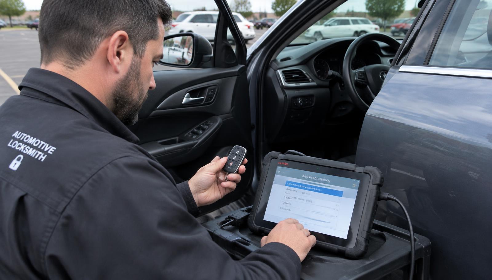 Automotive locksmith programming a car key fob in Belmont NC