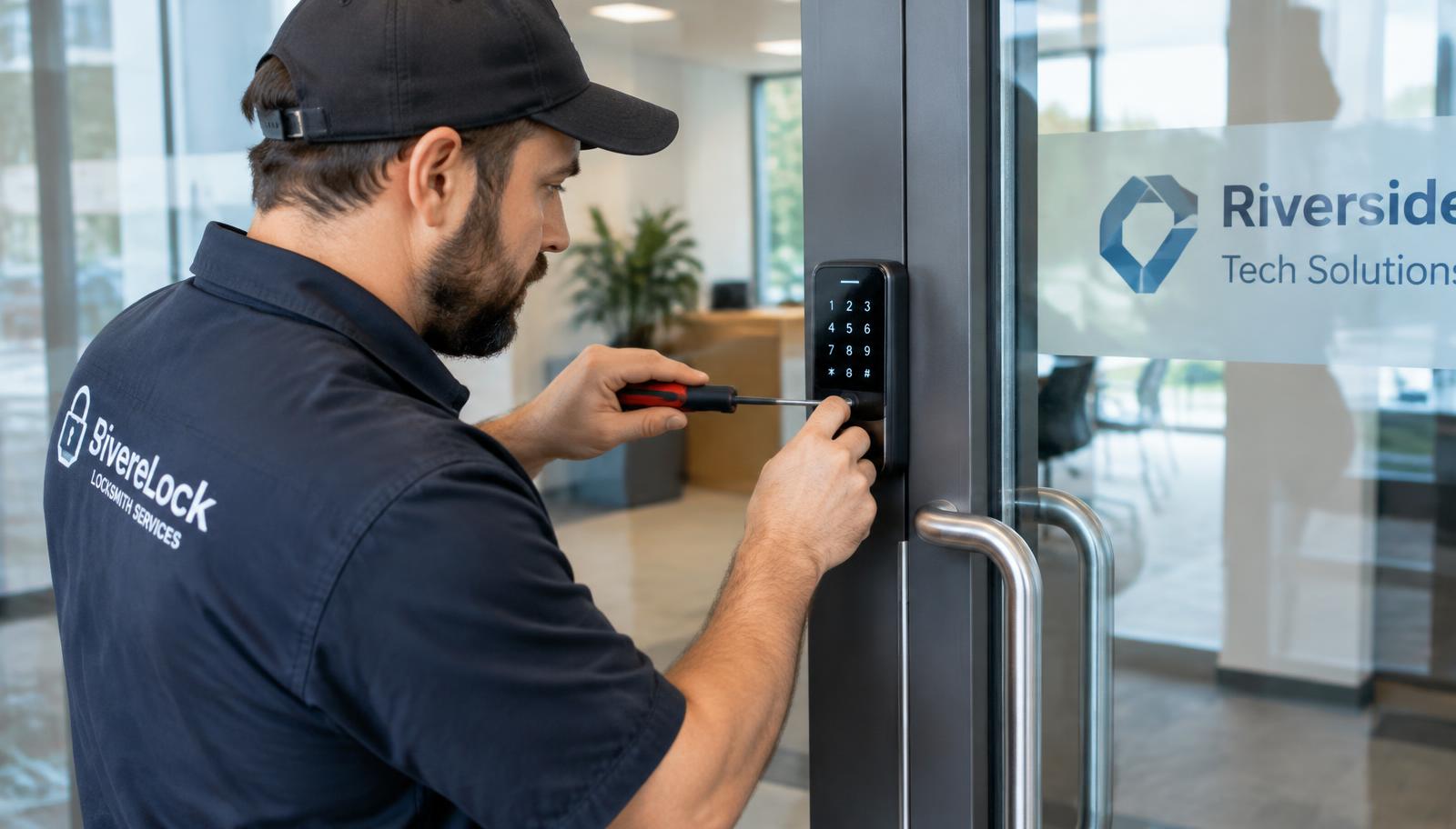 Commercial locksmith installing a keypad access control lock on a Belmont NC office door
