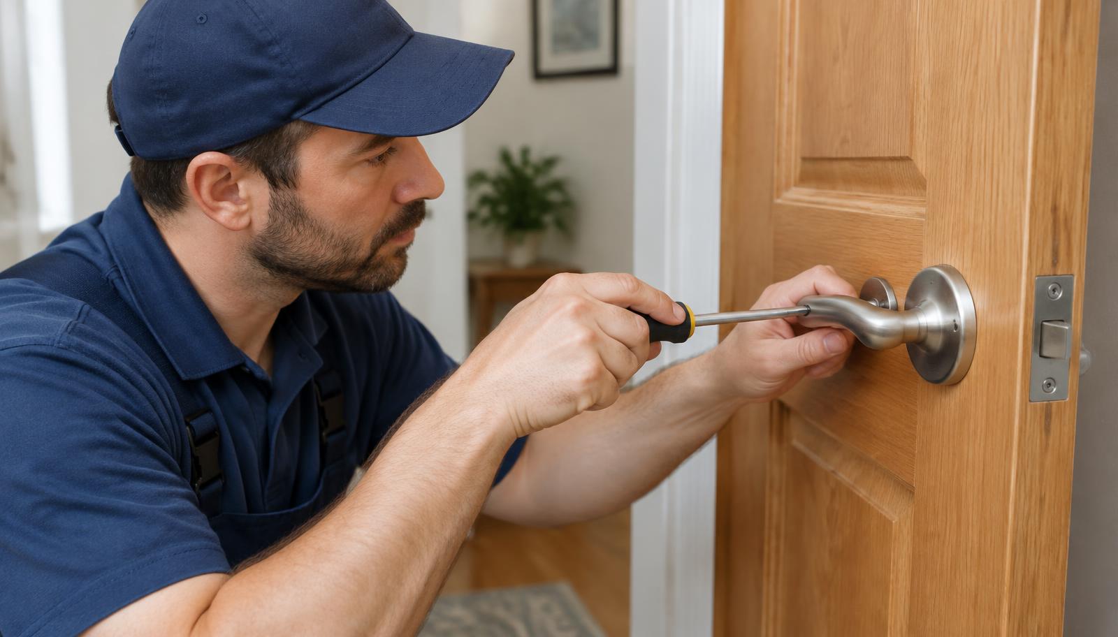 Locksmith repairing a door lever lock in a Belmont NC home