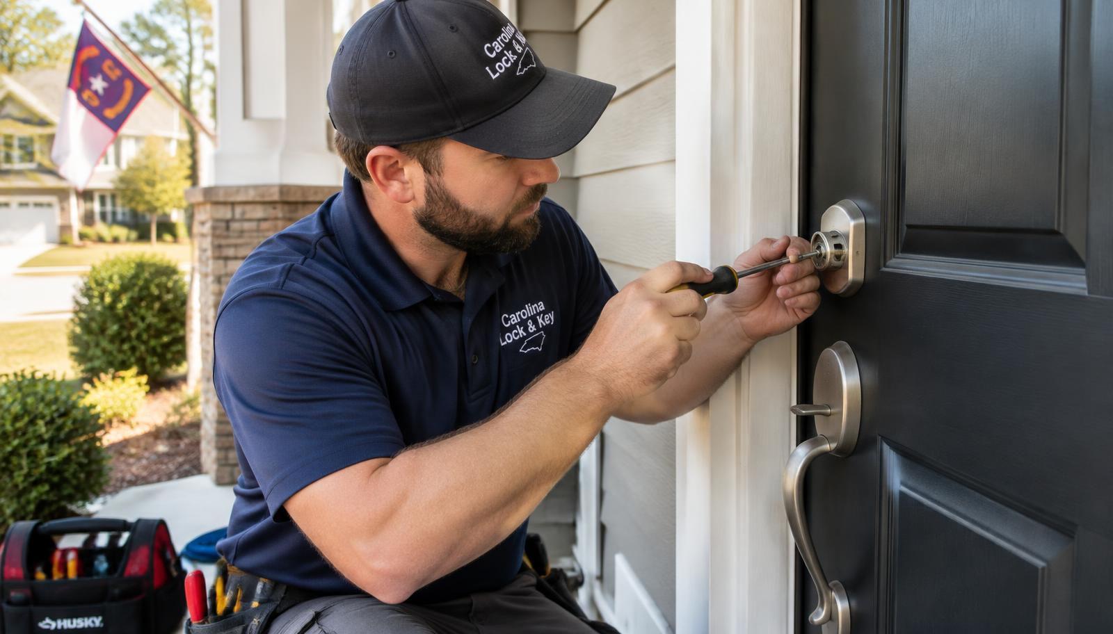 Residential locksmith installing a deadbolt on a Belmont NC home front door